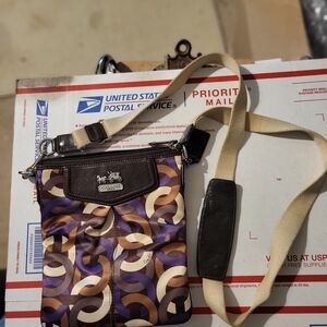 Coach Used Crossbody Bag in Purple/Brown Pattern8.5in H 7.5IN L